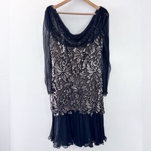 Tadashi Shoji Black Gold Sequined Sheer Long Sleeve Cowl Neck Cocktail Dress 8